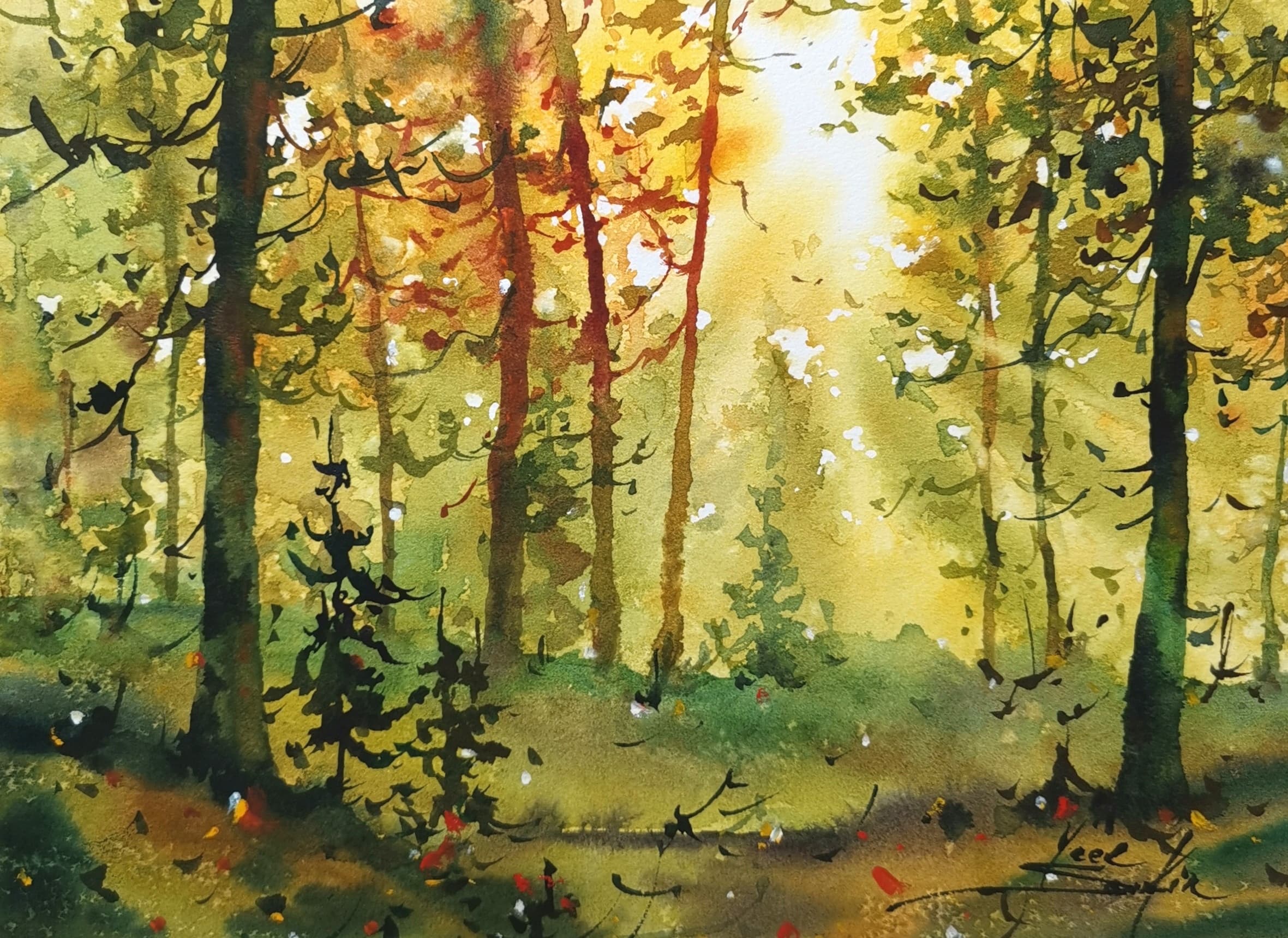 original watercolor painting of a sunlit forest landscape, golden light shining through tall trees, peaceful woodland nature wall art, 9x12 inches