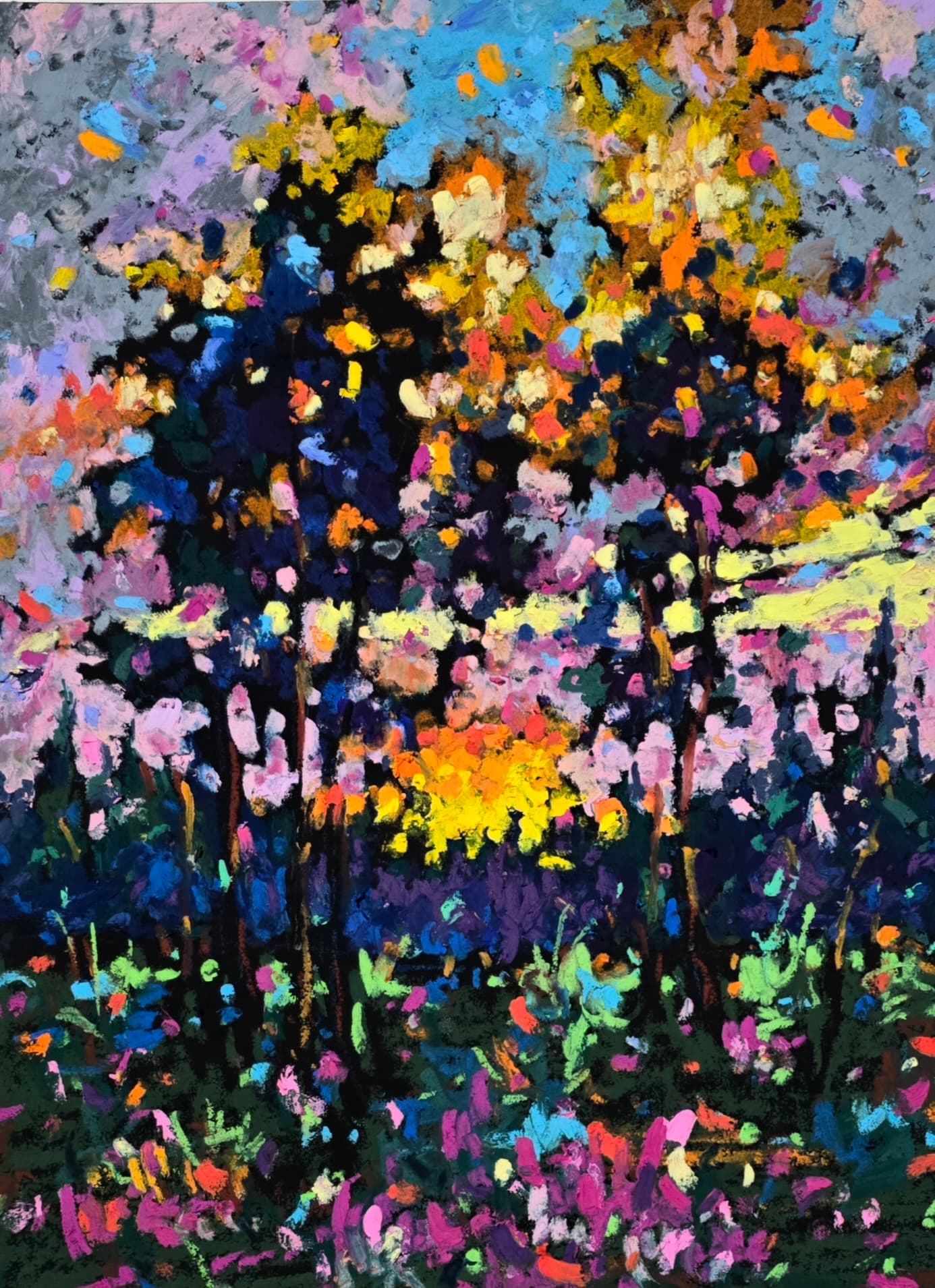Oil pastel sunset forest landscape with tall dark trees, glowing yellow and pink sky, and colorful sunlit foliage - original 12x9 inch artwork by Yael Natali