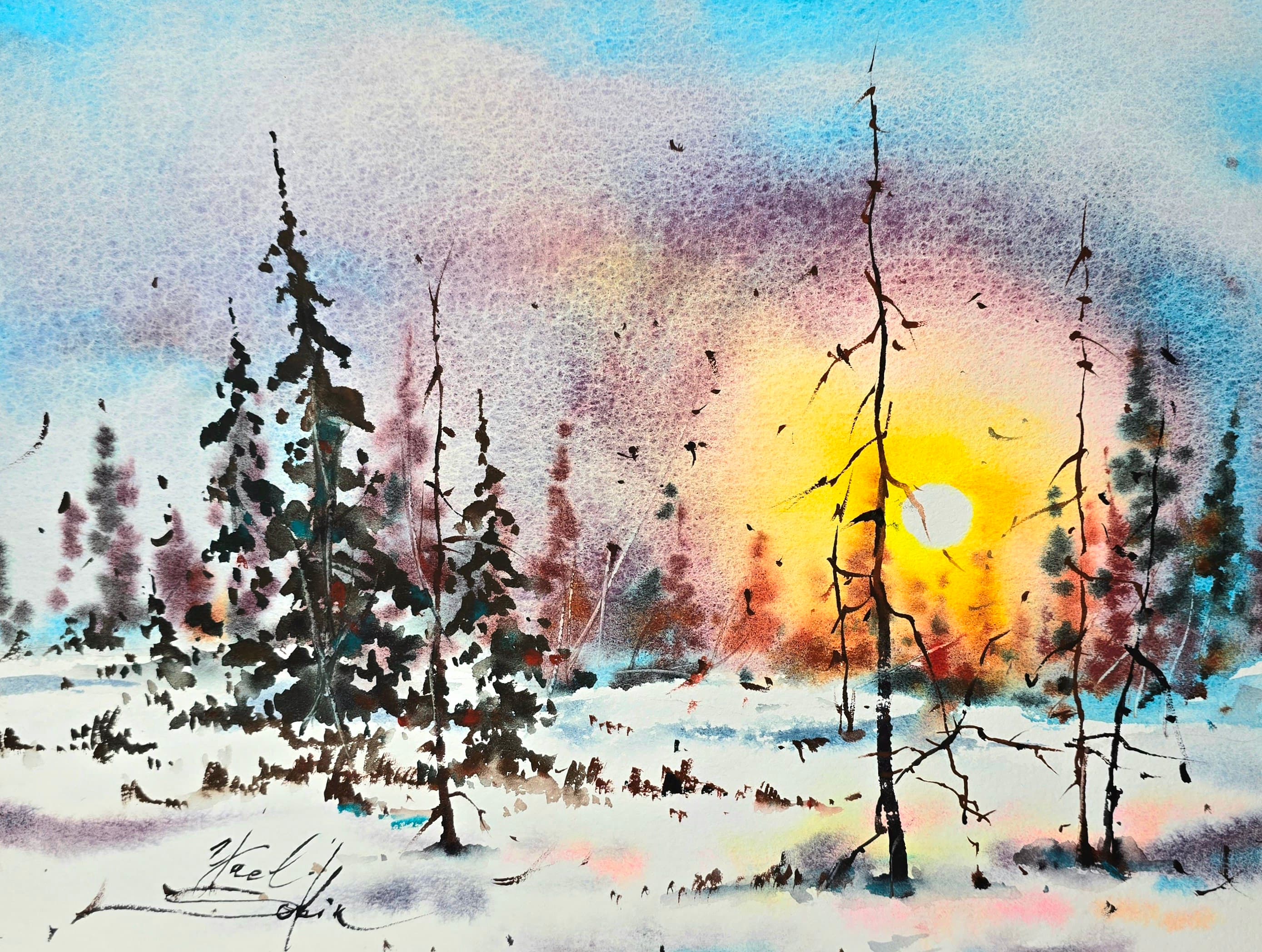 original watercolor winter sunset painting, snowy pine trees landscape, golden sun, signed artwork by yael natali