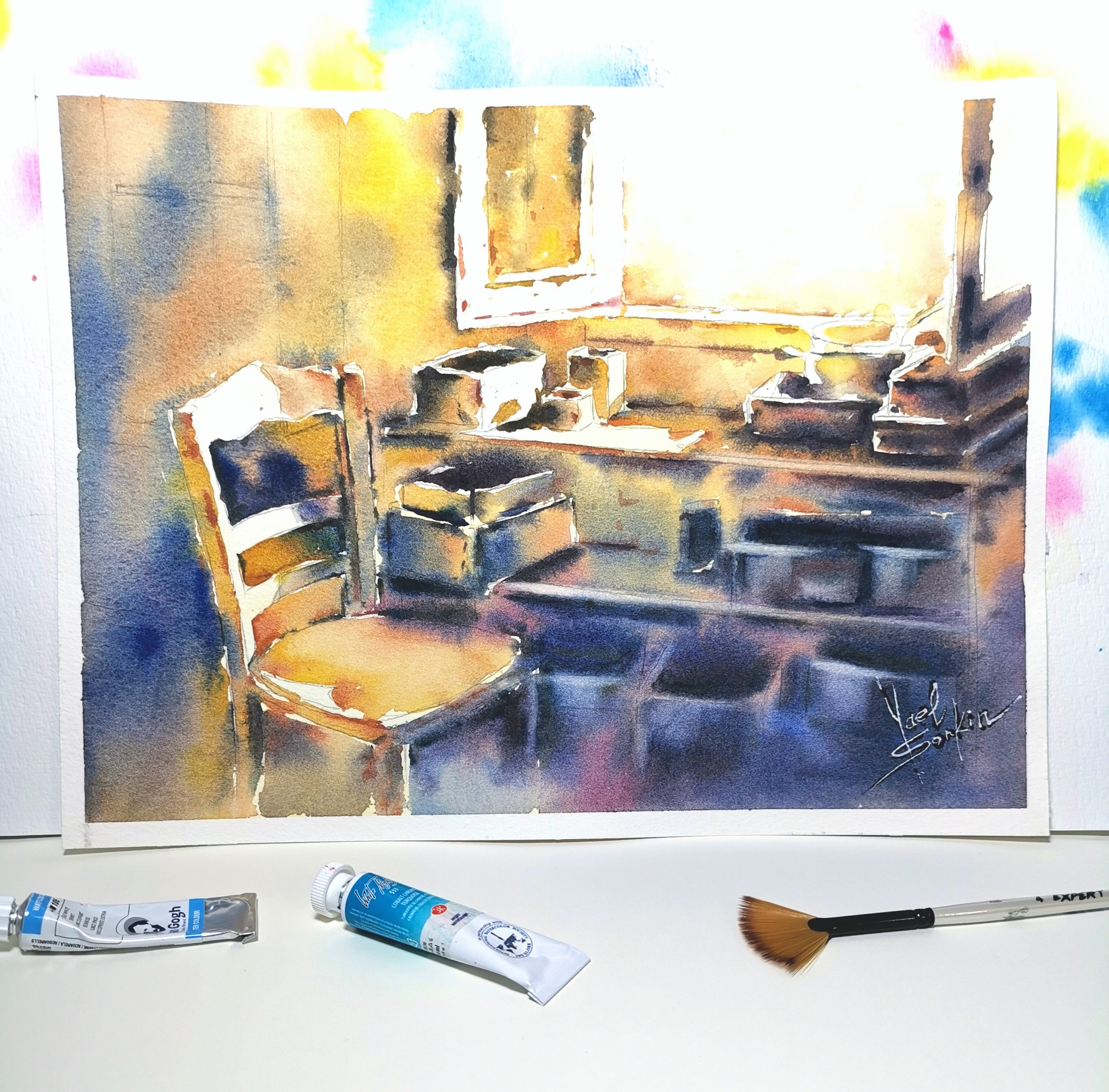 original watercolor painting of a sunlit morning interior by Yael Natali — warm sunlight filling a cozy room with a wooden chair and table, painted in soft yellow and blue tones. Impressionist watercolor art, serene home decor wall art, handmade unique artwork
