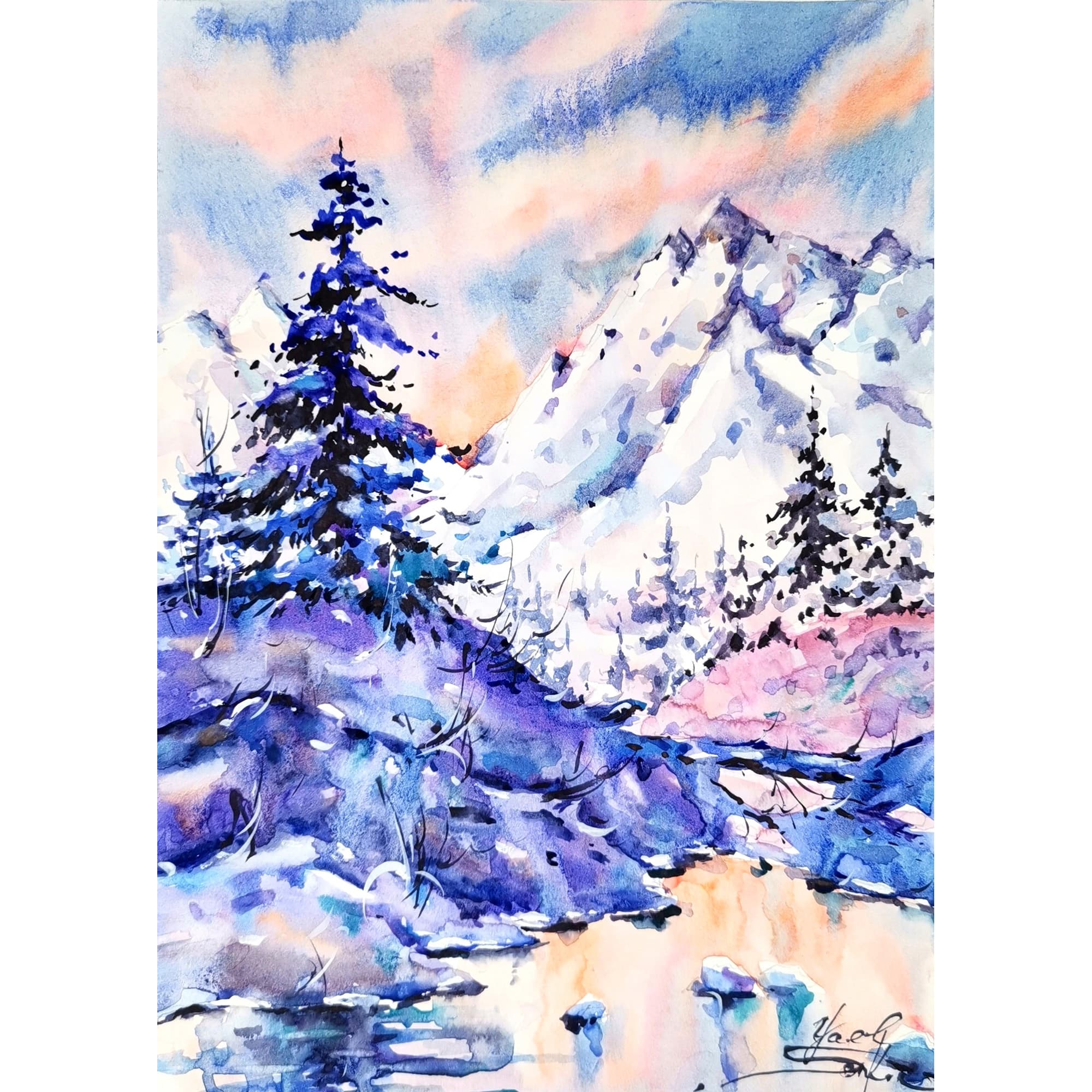 original watercolor painting “Winter Symphony” by Yael Natali — serene alpine winter landscape with snowy mountains, pine trees, and reflections in icy water, peaceful watercolor artwork