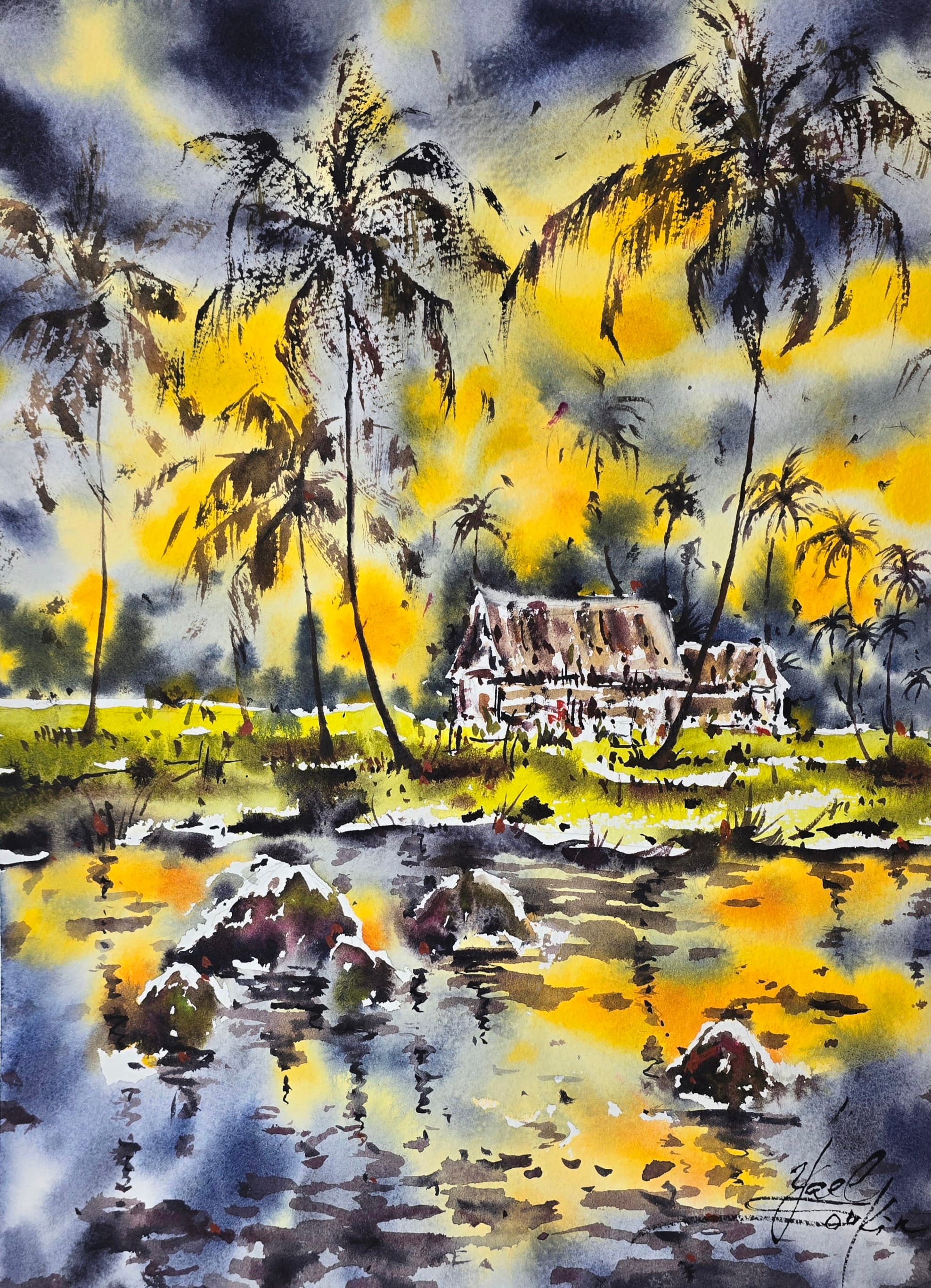 original watercolor painting thailand village, tropical sunset landscape, palm trees, traditional houses, wall art by yael natali