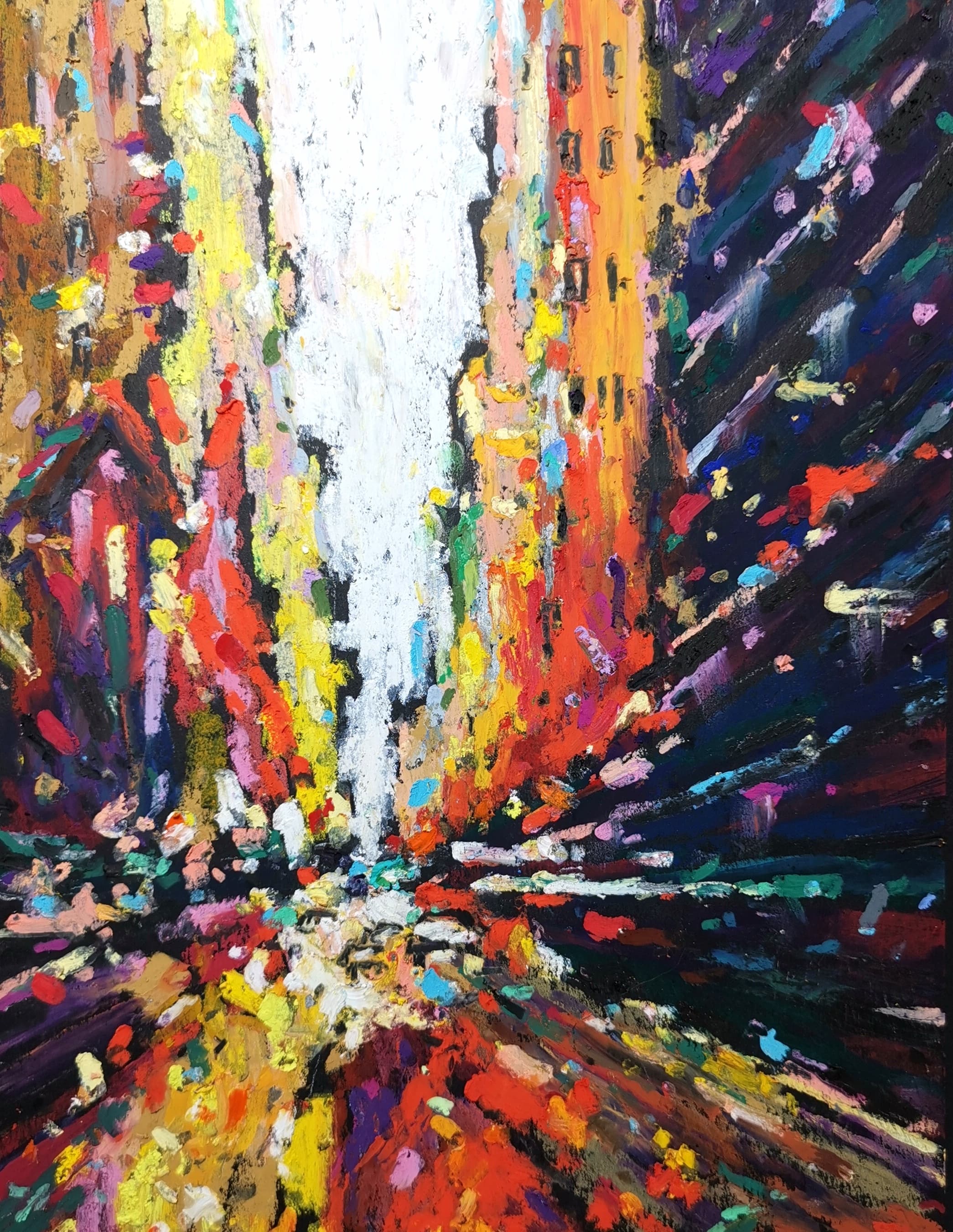 abstract oil pastel painting “The Big Apple Lights” depicting colorful glowing city lights of New York, vibrant urban atmosphere in bold expressive strokes