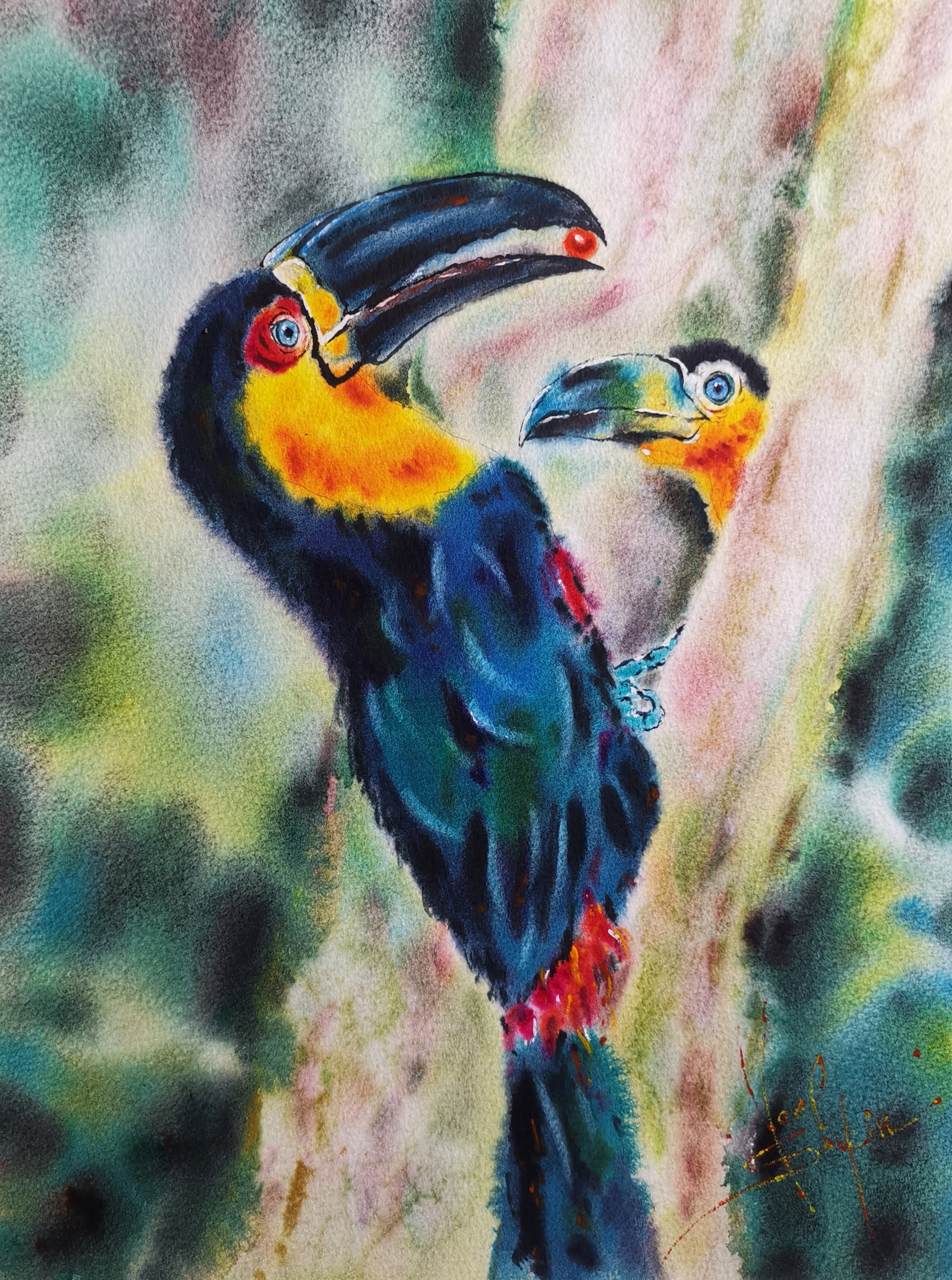 original watercolor painting of two vibrant toucans with colorful plumage and large beaks, tropical exotic bird wall art, 15x11 inches
