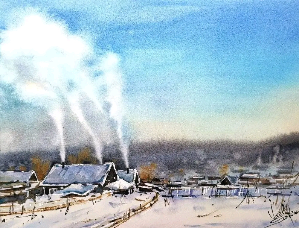 original watercolor landscape Silent Winter Village, rustic wooden houses in snow, chimney smoke rising, winter countryside wall art