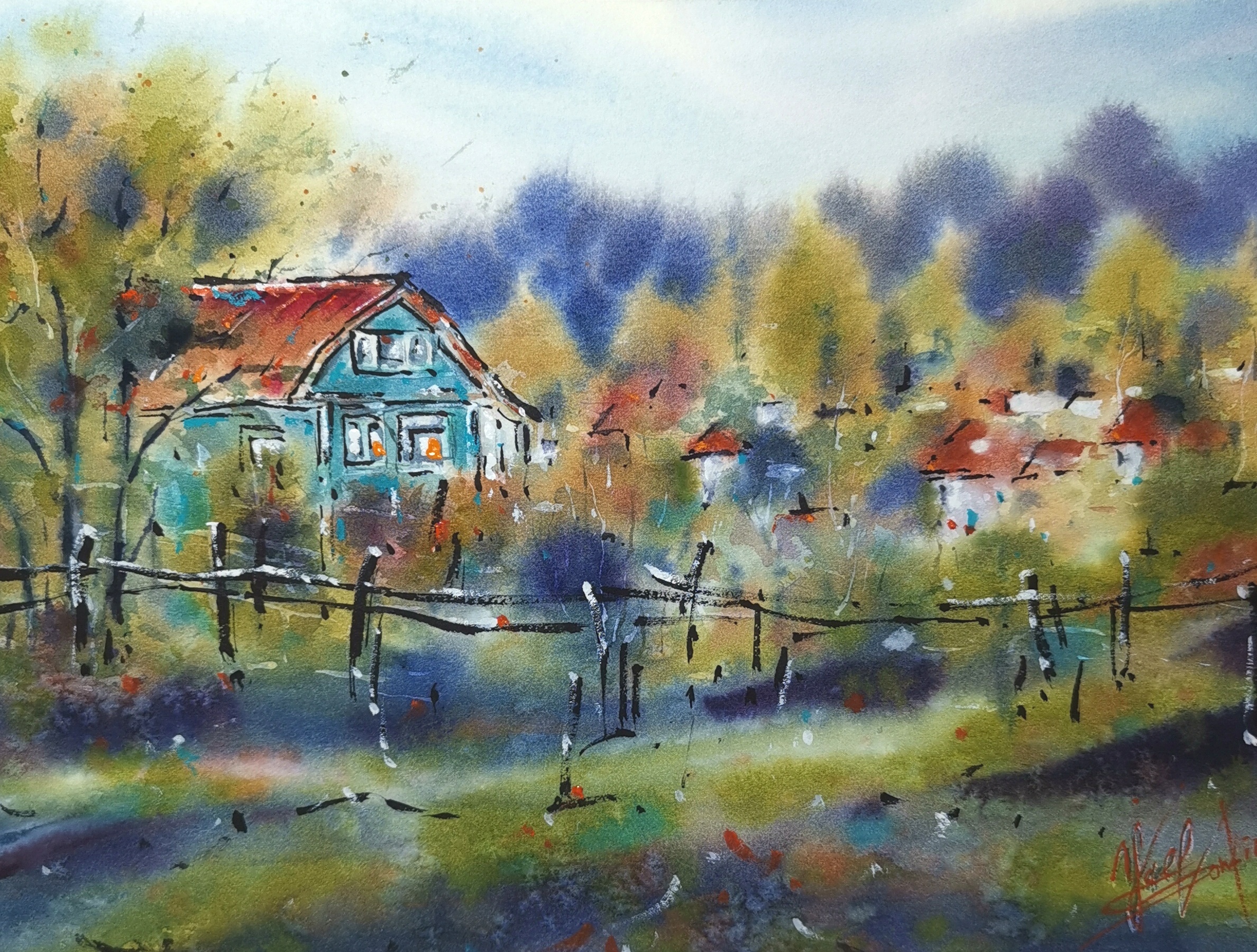 original watercolor painting picturesque autumn countryside by yael natali, fall landscape with village house, golden trees and rustic fields, impressionistic watercolor wall art, unframed handmade artwork