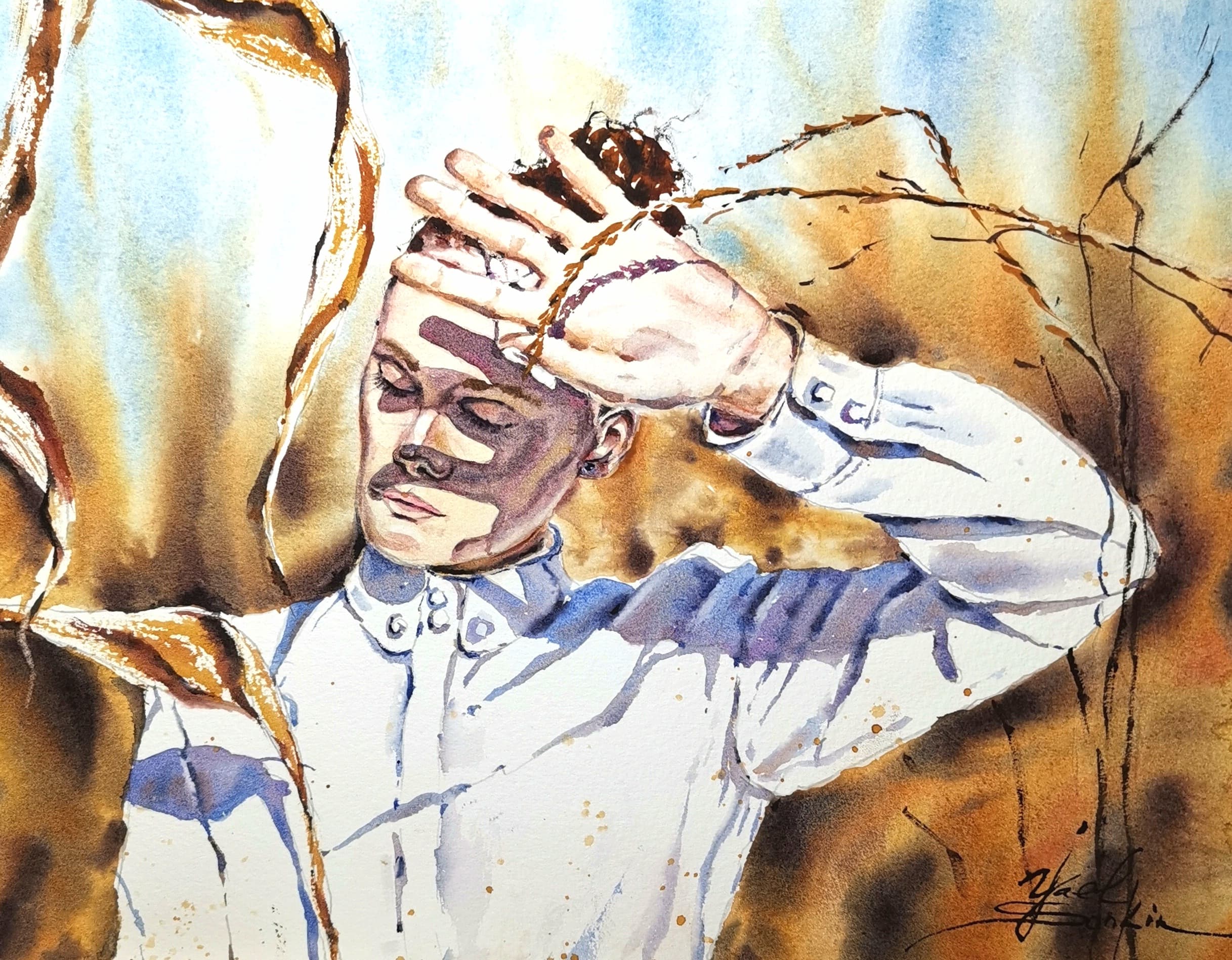 Original watercolor painting “Ukrainian Girl” by Yael Natali — portrait of a young woman standing in a golden wheat field, shielding her eyes from the sunlight. Emotional and expressive fine art watercolor with warm golden and blue tones, symbolizing Ukrainian beauty, nature, and freedom