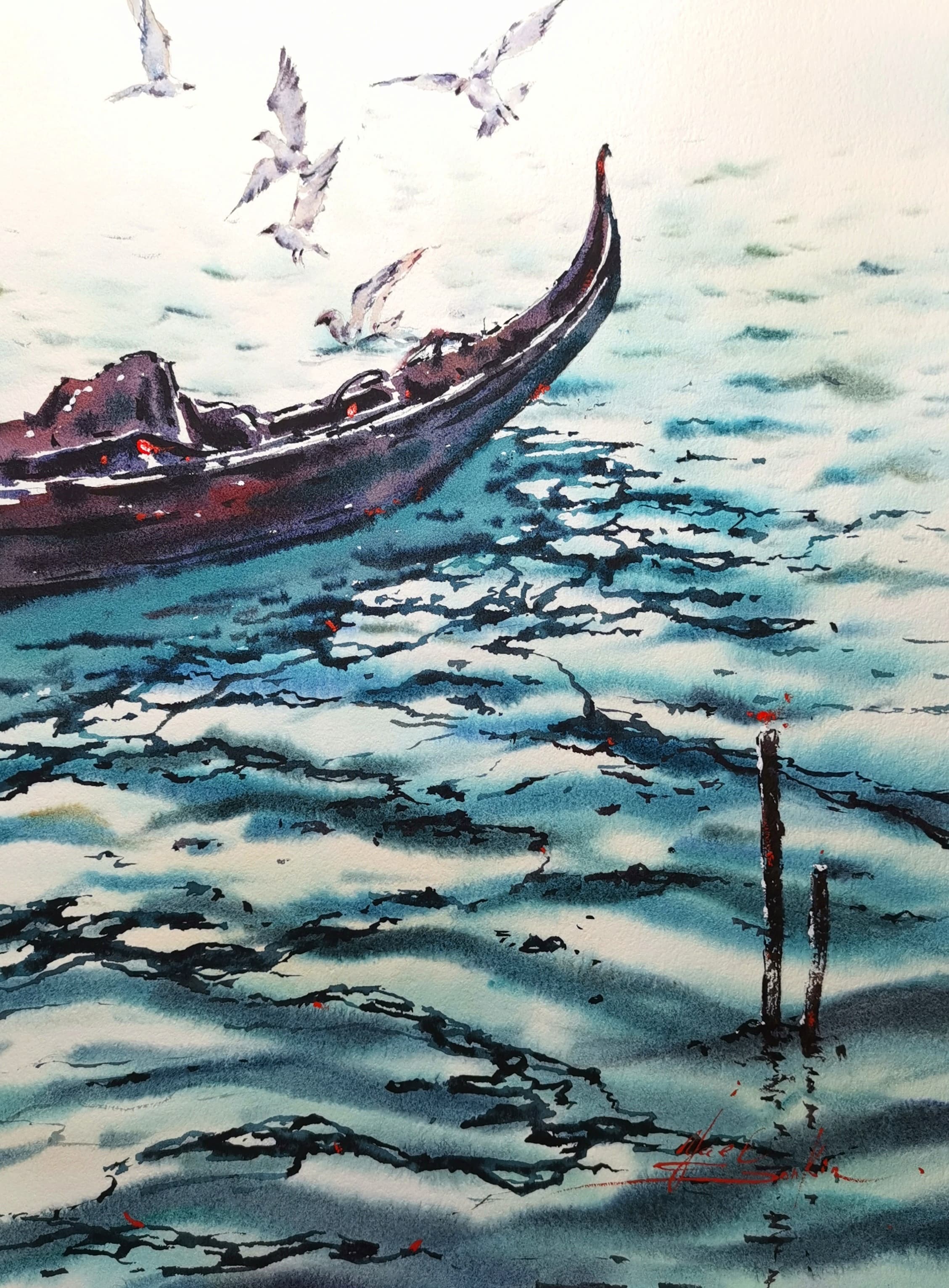 Original watercolor painting of a Venice gondola by Yael Natali. Italian seascape artwork with reflections on water and flying seagulls, romantic travel wall decor in blue and turquoise tones