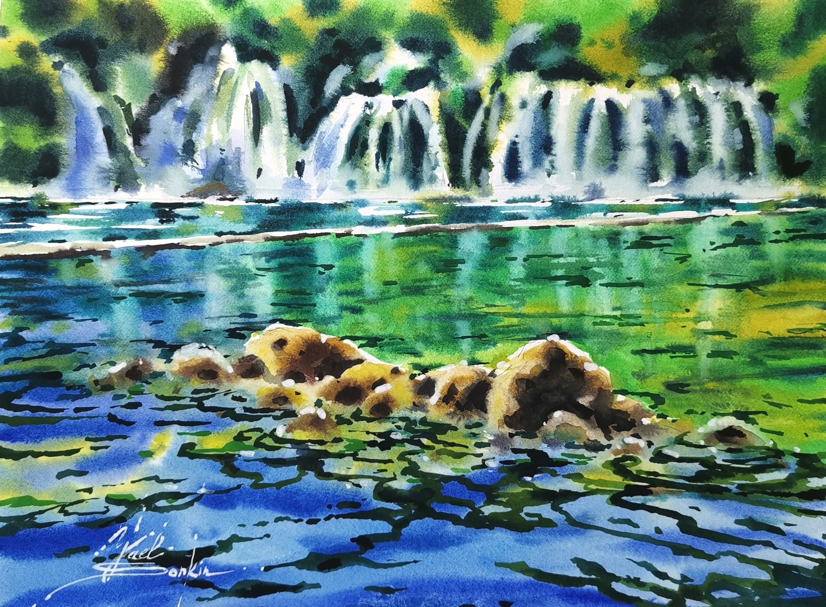 Original watercolor painting of Krka Waterfalls in Croatia by artist Yael Natali. Vibrant landscape artwork depicting cascading waterfalls, emerald green reflections, and sunlight over tranquil river water. Hand-painted nature scene, ideal for landscape and travel art lovers