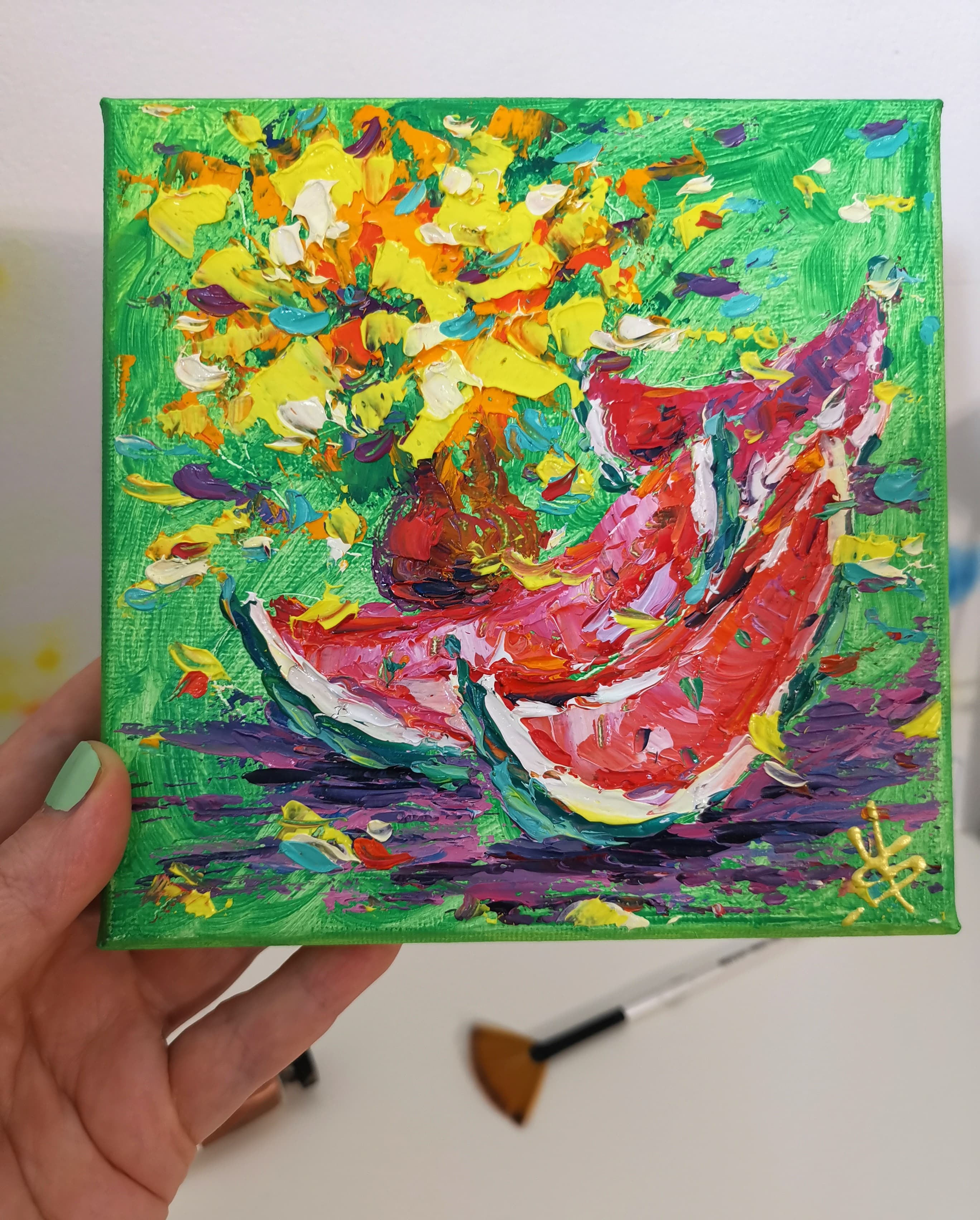 impasto oil painting of juicy watermelon slices with bright yellow flowers, colorful still life on canvas, 6x6 inches