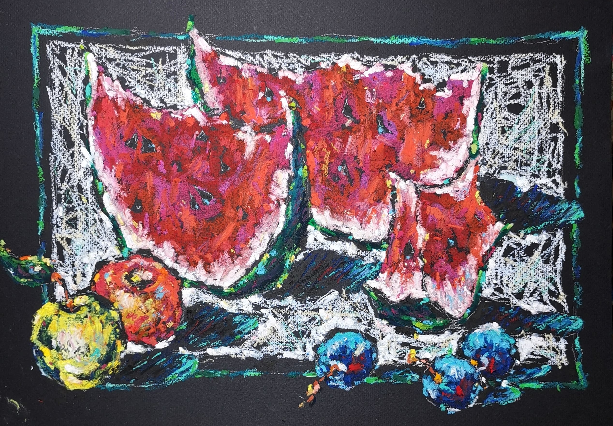 original oil pastel still life painting with watermelon slices, plums and apples, colorful fruit artwork on paper, 11.5x16.5 inches