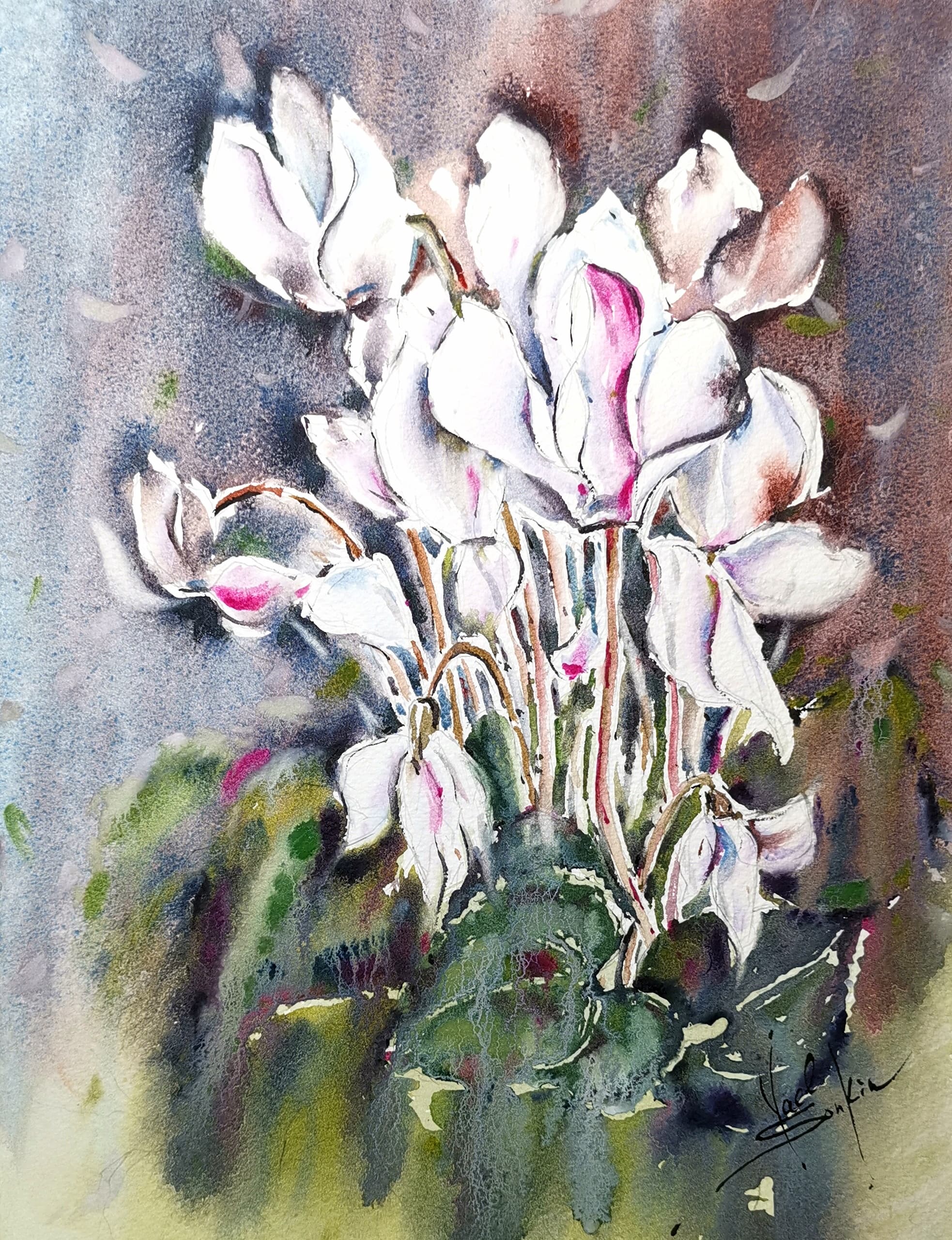 Original watercolor painting of white cyclamen flowers by artist Yael Natali. Delicate white and pink petals with green leaves on a soft textured background. Floral botanical watercolor art symbolizing purity, tenderness, and natural beauty. One-of-a-kind fine art for home décor or flower lovers
