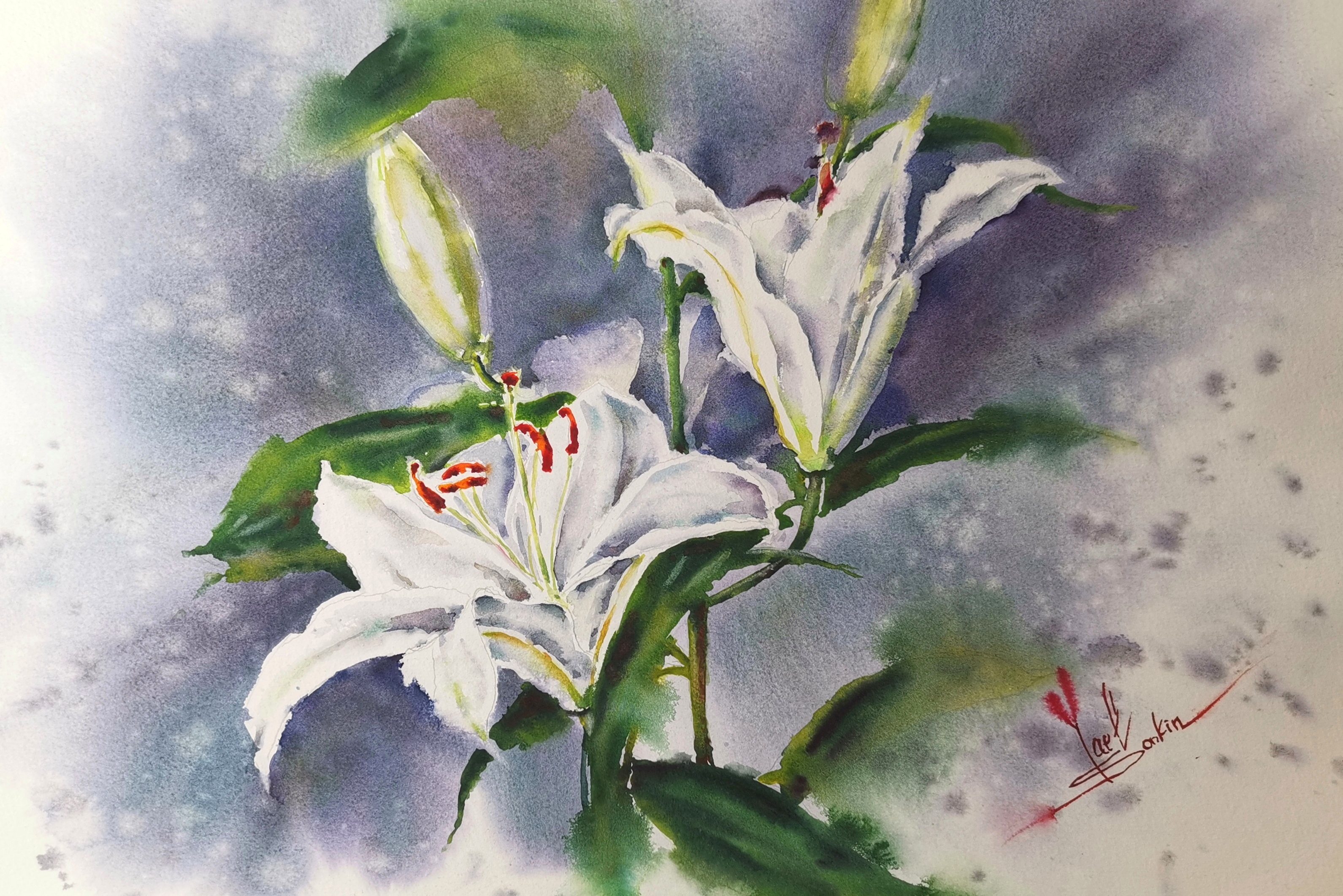 original watercolor painting of white lilies, botanical floral wall art, hand-painted flower artwork by artist Yael Natali