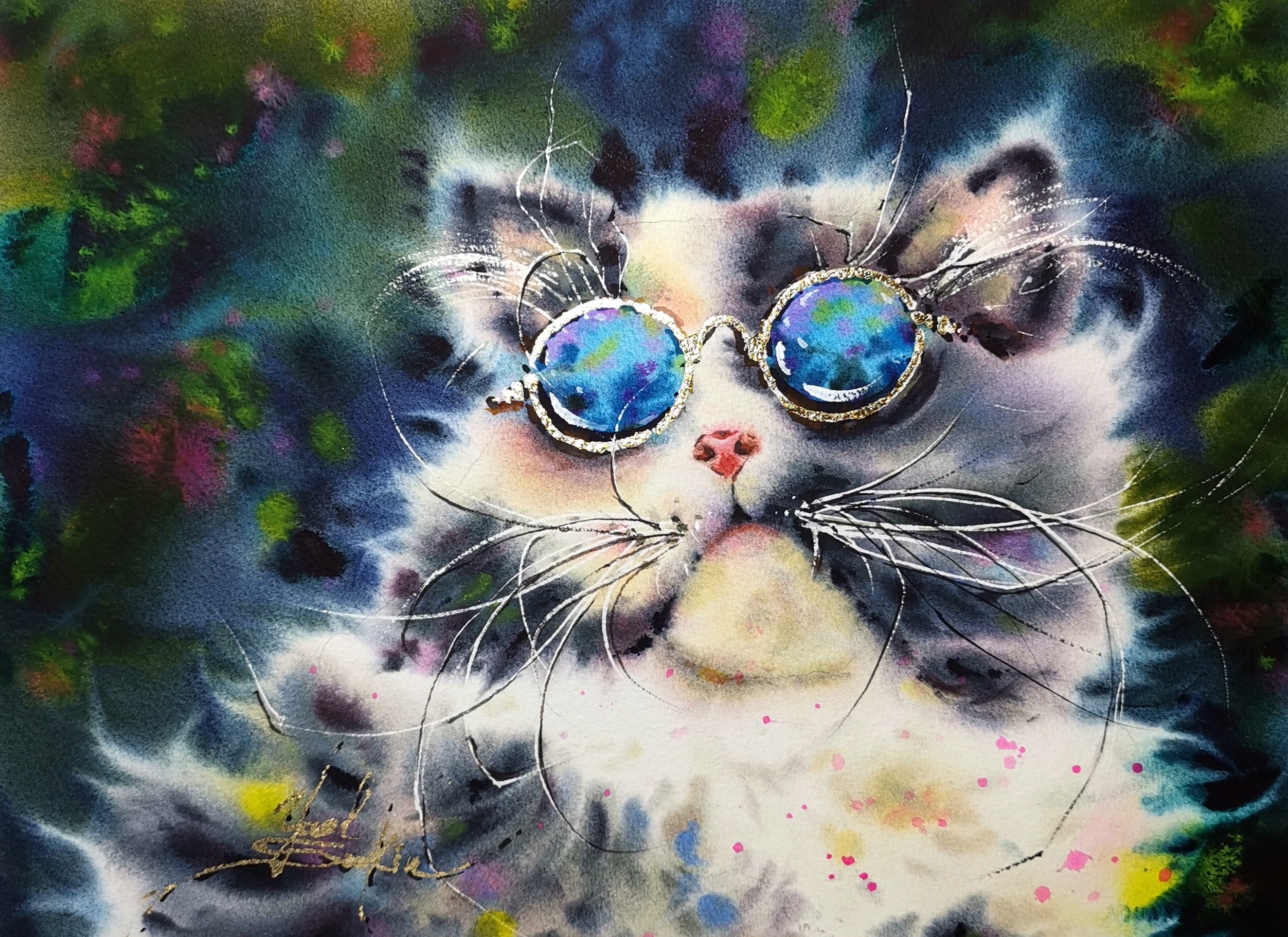 glamour watercolor cat painting with gold leaf glasses, stylish modern cool wall art by Yael Natali, original artwork 11x15 inches