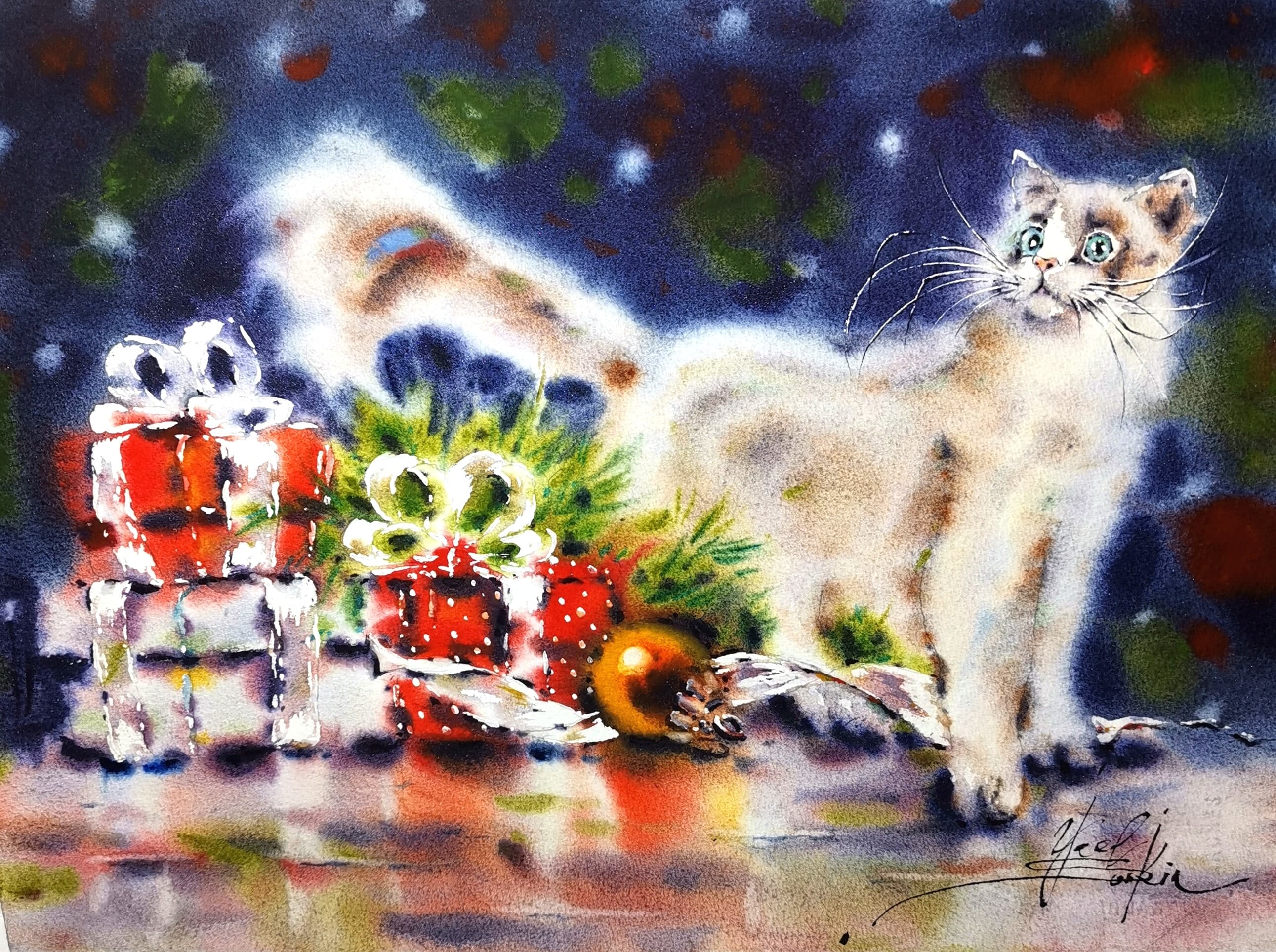 Original watercolor painting “White Cat with Christmas Gifts” by Yael Natali — festive holiday artwork featuring a playful white cat with blue eyes surrounded by red gift boxes, ornaments, and winter decorations, perfect Christmas art for cat lovers
