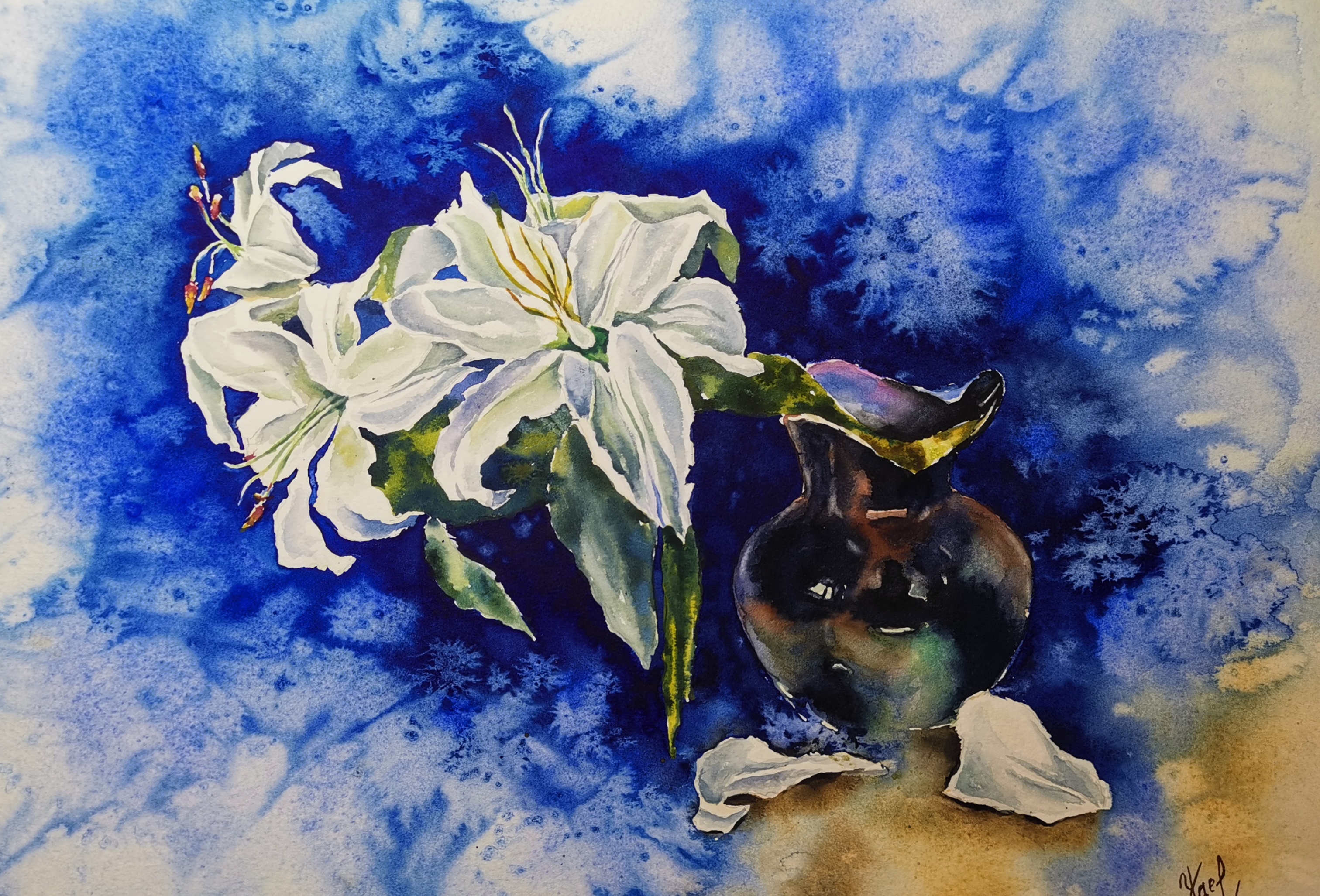 original watercolor painting of white lilies in a vase on a deep blue background, botanical watercolor by Yael Natali