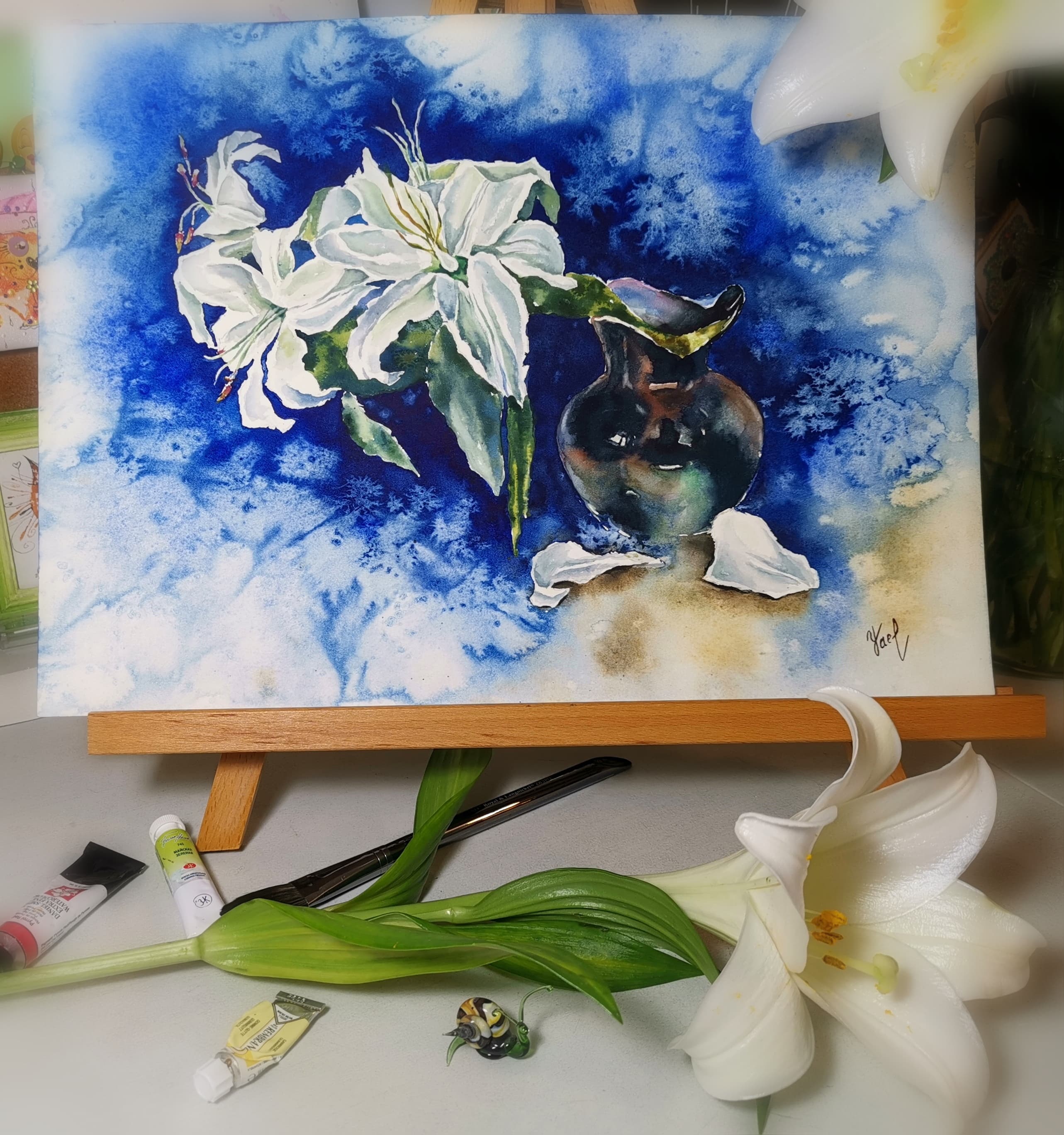 original watercolor painting of white lilies in a vase on a deep blue background, floral still life wall art, 12x16.5 inches, botanical watercolor by Yael Natali