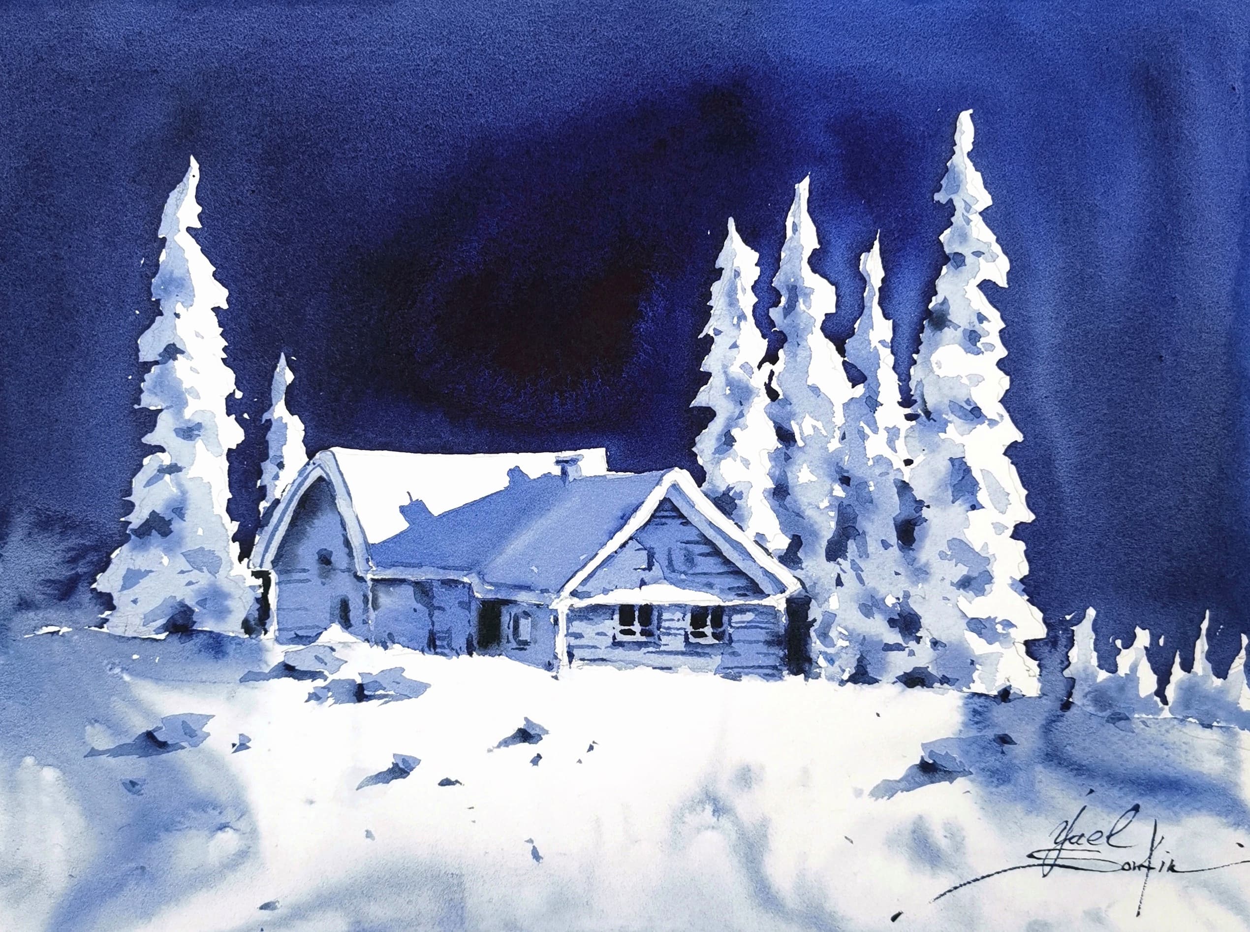 Original watercolor painting “Winter Night Cabin” by Yael Natali — peaceful snowy landscape with a cozy wooden house surrounded by pine trees under a deep blue night sky. Hand-painted winter scene artwork, fine art wall decor for cabin or holiday home, unframed