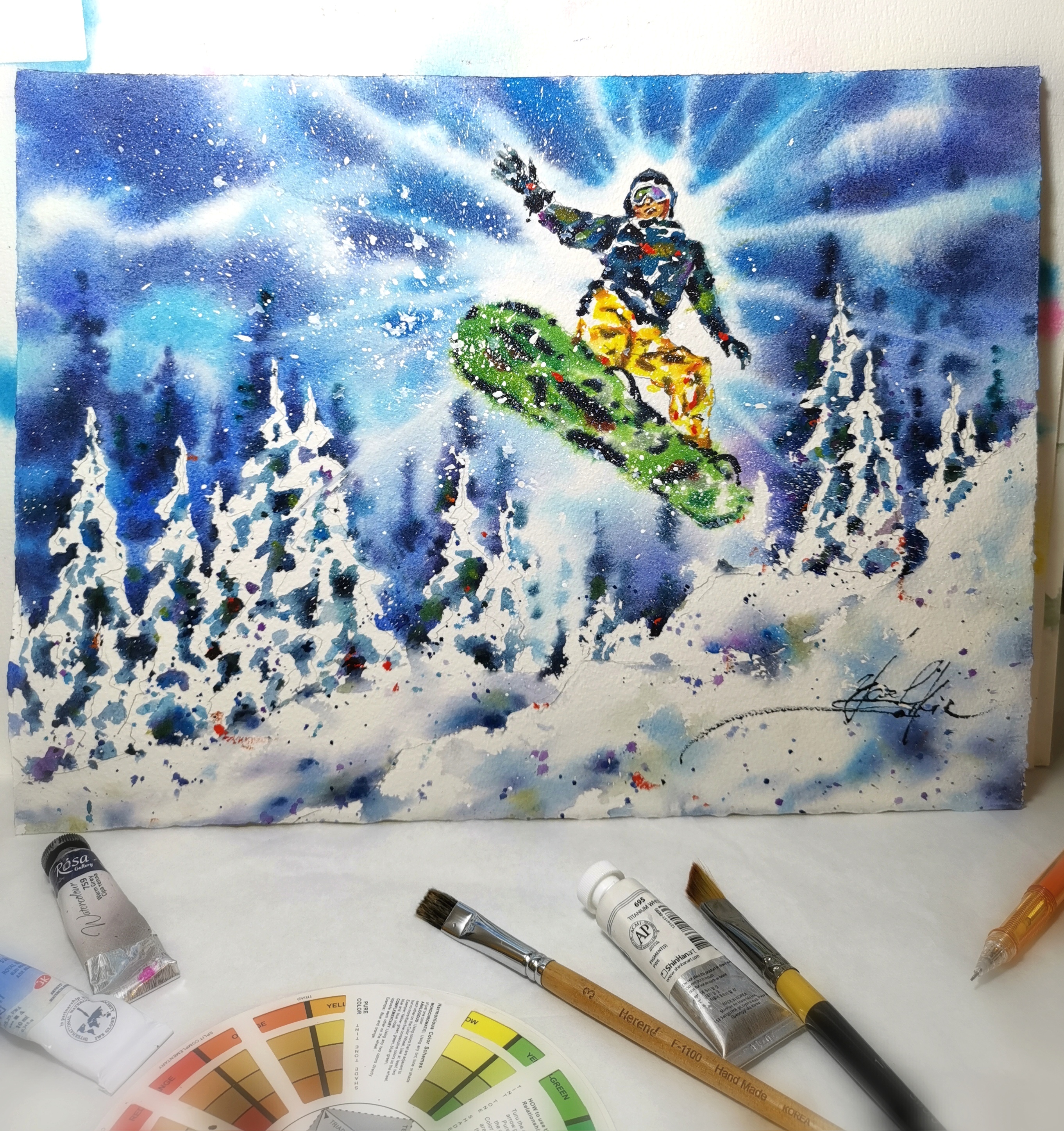snowboarding artwork, original watercolor painting, extreme winter sports decor