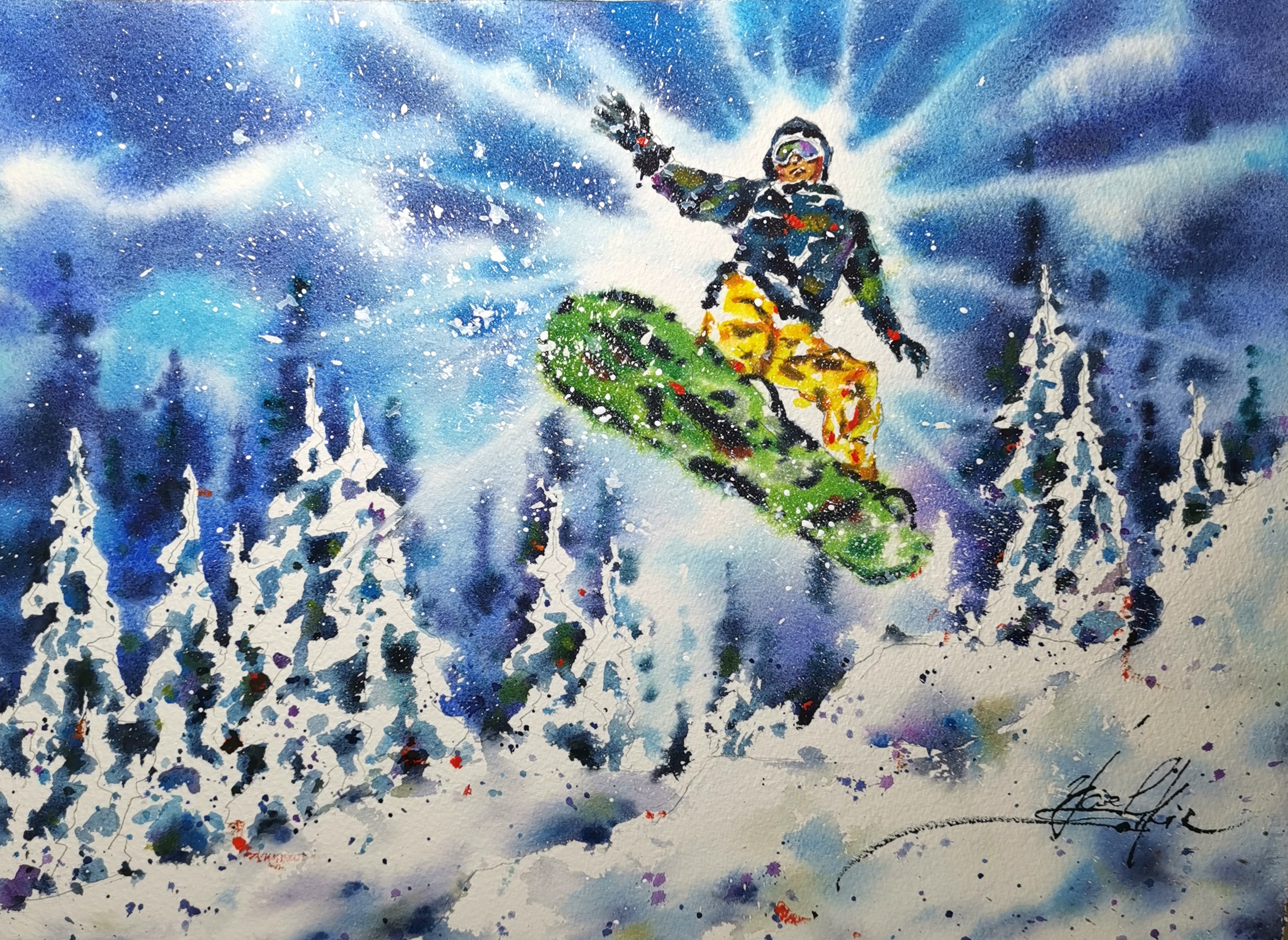 original watercolor snowboard painting, snowboarder jumping in snowy mountain landscape, winter sport wall art, extreme sports artwork by yael natali