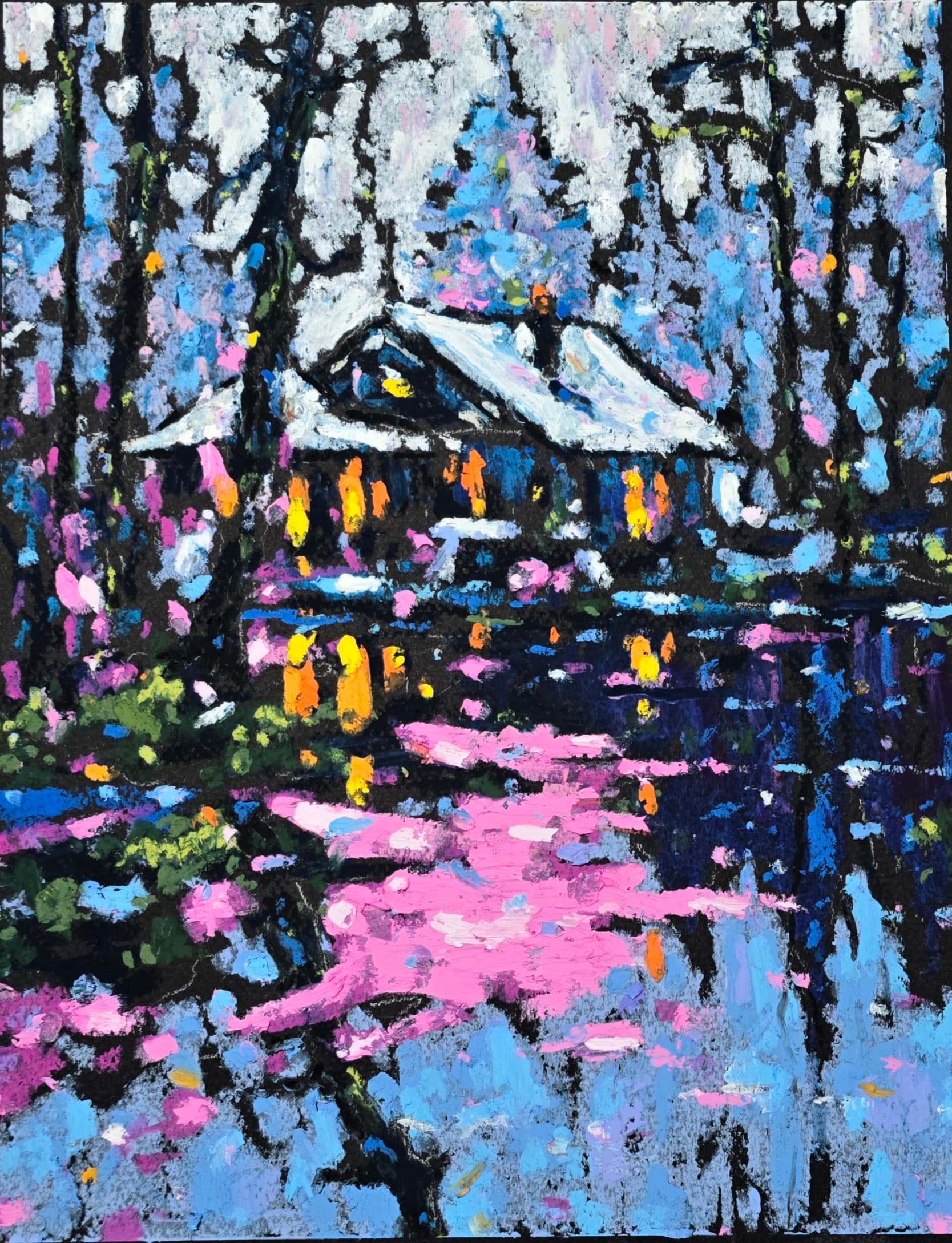 Oil pastel winter landscape painting featuring a glowing cabin surrounded by snowy trees and colorful reflections on water, vibrant impressionistic style, original artwork by Yael Natali