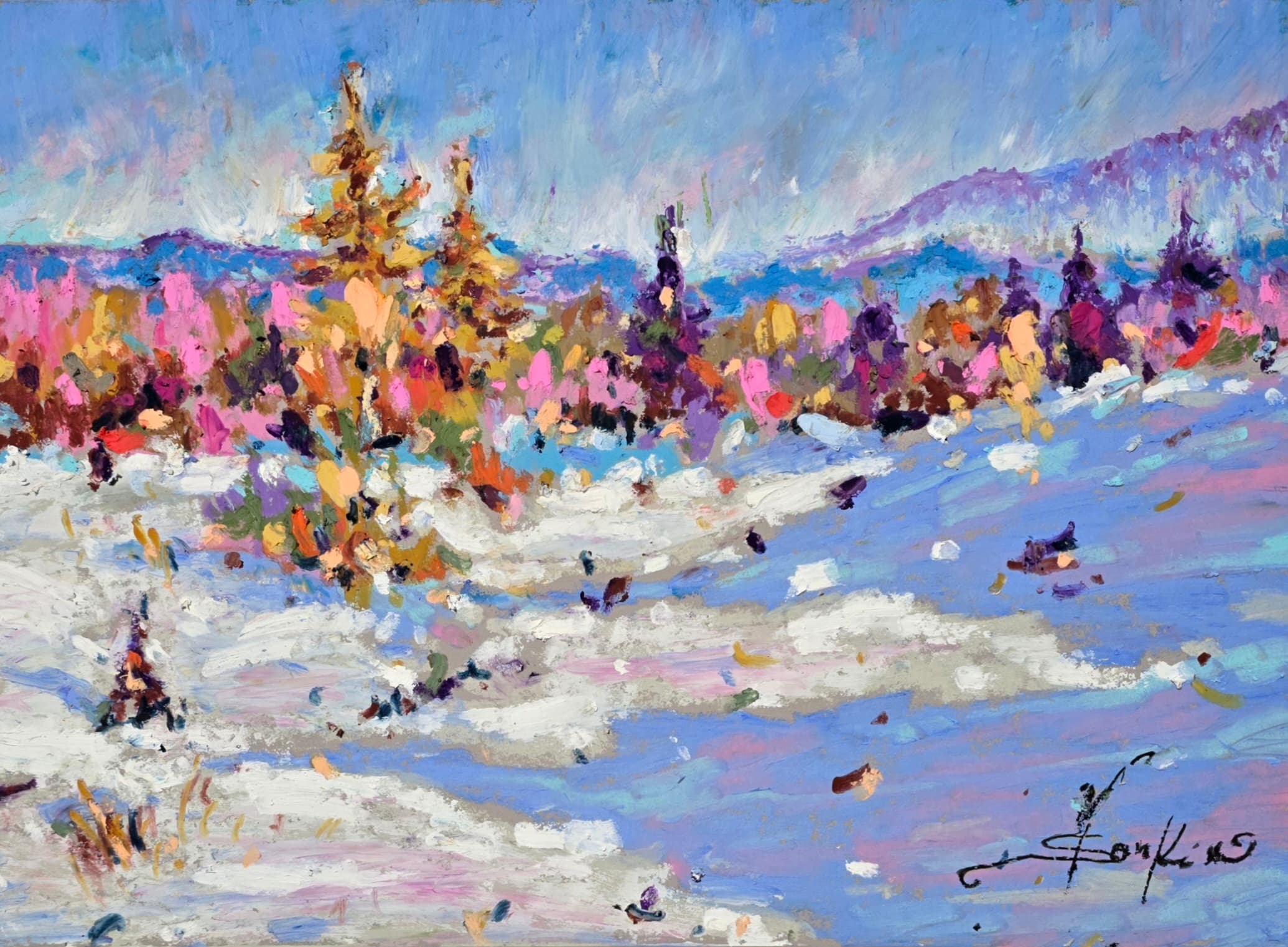 Original oil pastel winter landscape painting with snowy field, colorful trees, and bright blue sky on textured paper - vibrant 9x12 artwork by Yael Natali