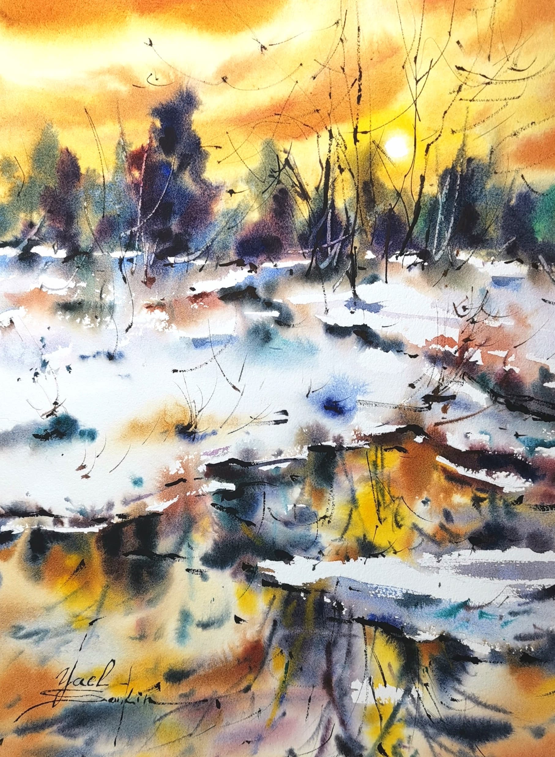 Golden Winter Reflections watercolor painting – original winter landscape art with snowy forest, sunset sky and golden light reflections on icy water, 12x9 in handmade artwork by Yael Natali