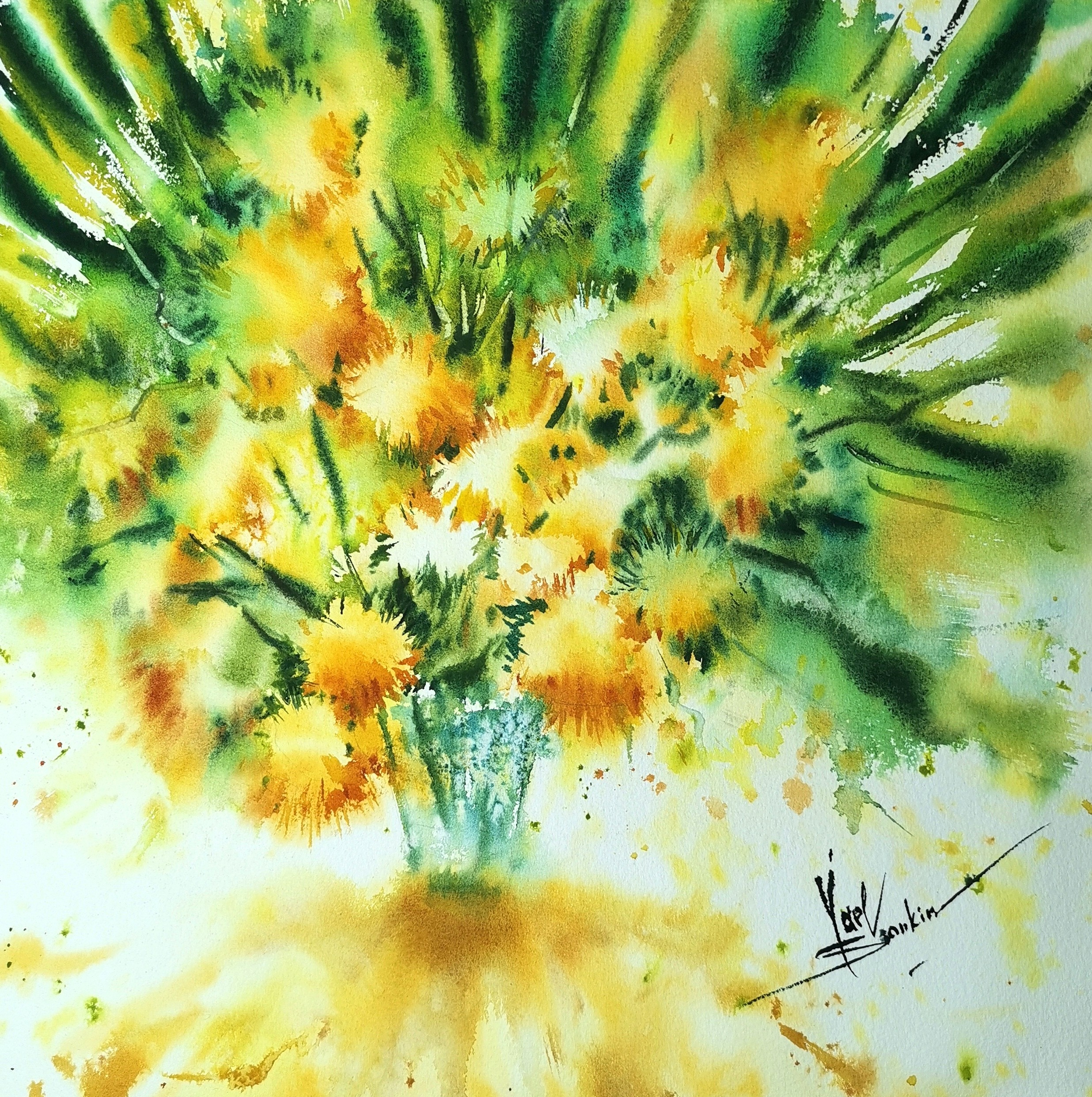 original sunny floral watercolor painting, yellow bouquet in green tones by artist Yael Natali