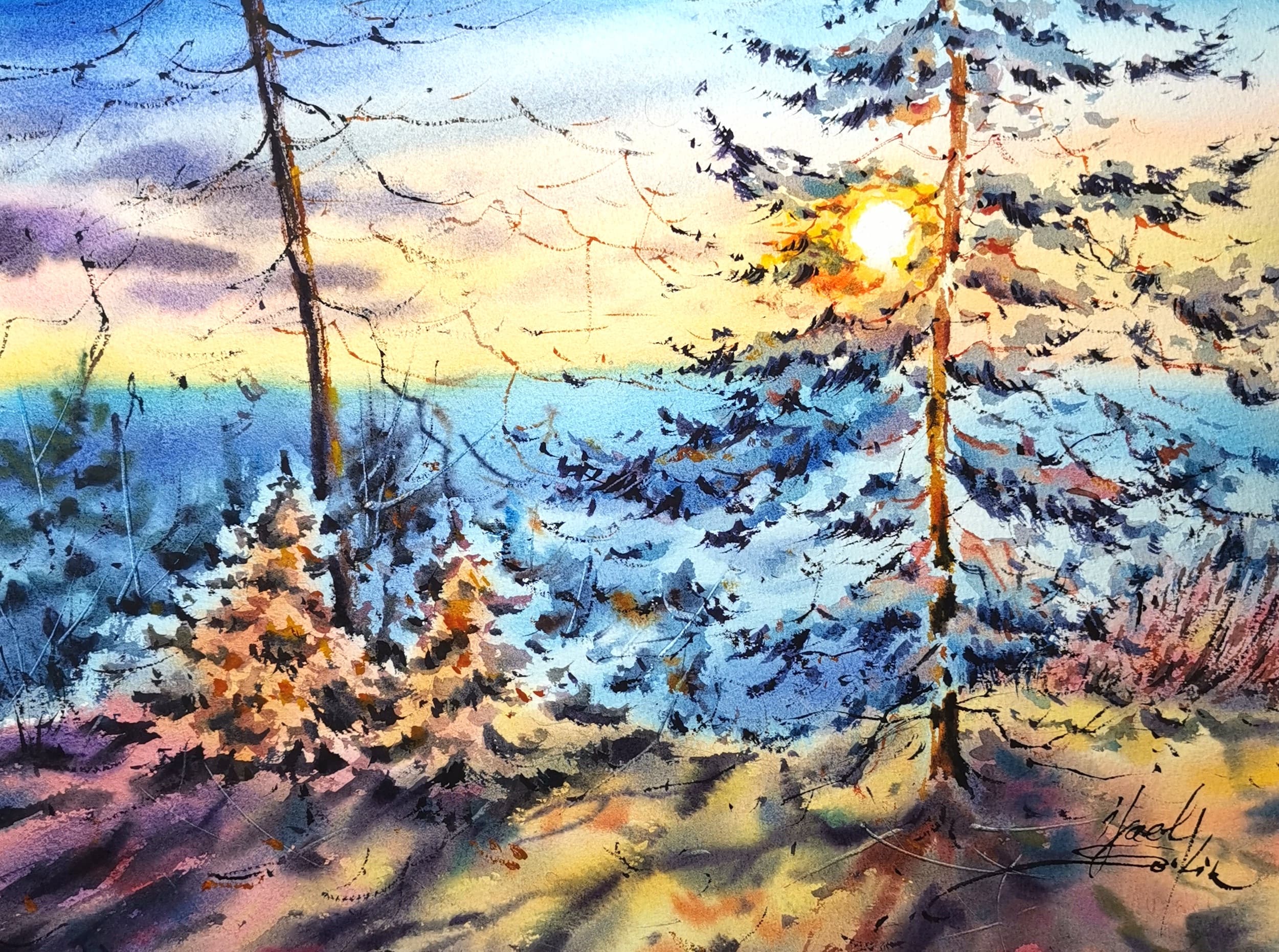 original watercolor painting Shadows and Sunlight – 11x15 inch forest landscape with pine trees, golden sunset light and soft shadows, impressionistic nature wall art by artist Yael Natali